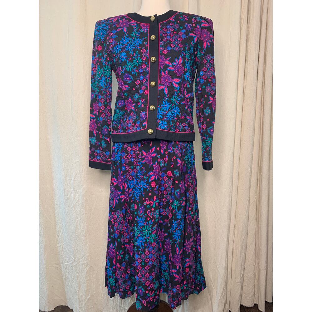 1980s Leslie Fay Purple Blue Quilted Floral Kawaii Coquette Kei Cottage Set M